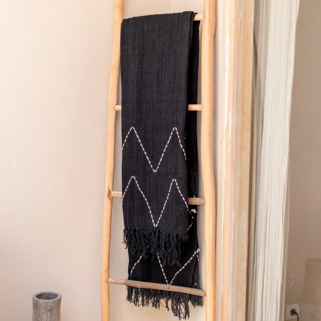 Boho-Decke LINGGAH – Handgewebte Baumwolle, Schwarz, 140x200 cm