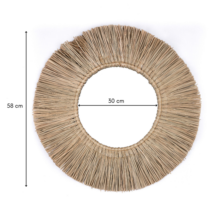 Runder Boho-Wandspiegel Rimba – Seegras-Spiegel mit Sonnenstrahlen-Design (Ø 60 cm)