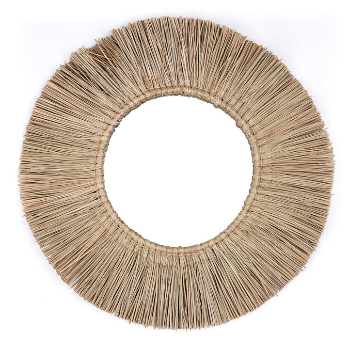 Runder Boho-Wandspiegel Rimba – Seegras-Spiegel mit Sonnenstrahlen-Design (Ø 60 cm)