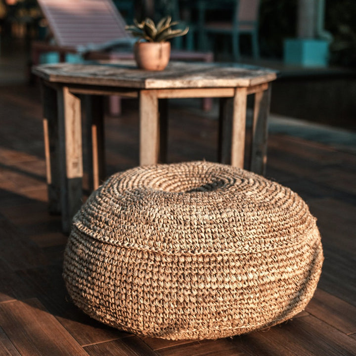 Runder Boho-Hocker Telu – Handgefertigter Bast-Sitzpouf (2 Größen)